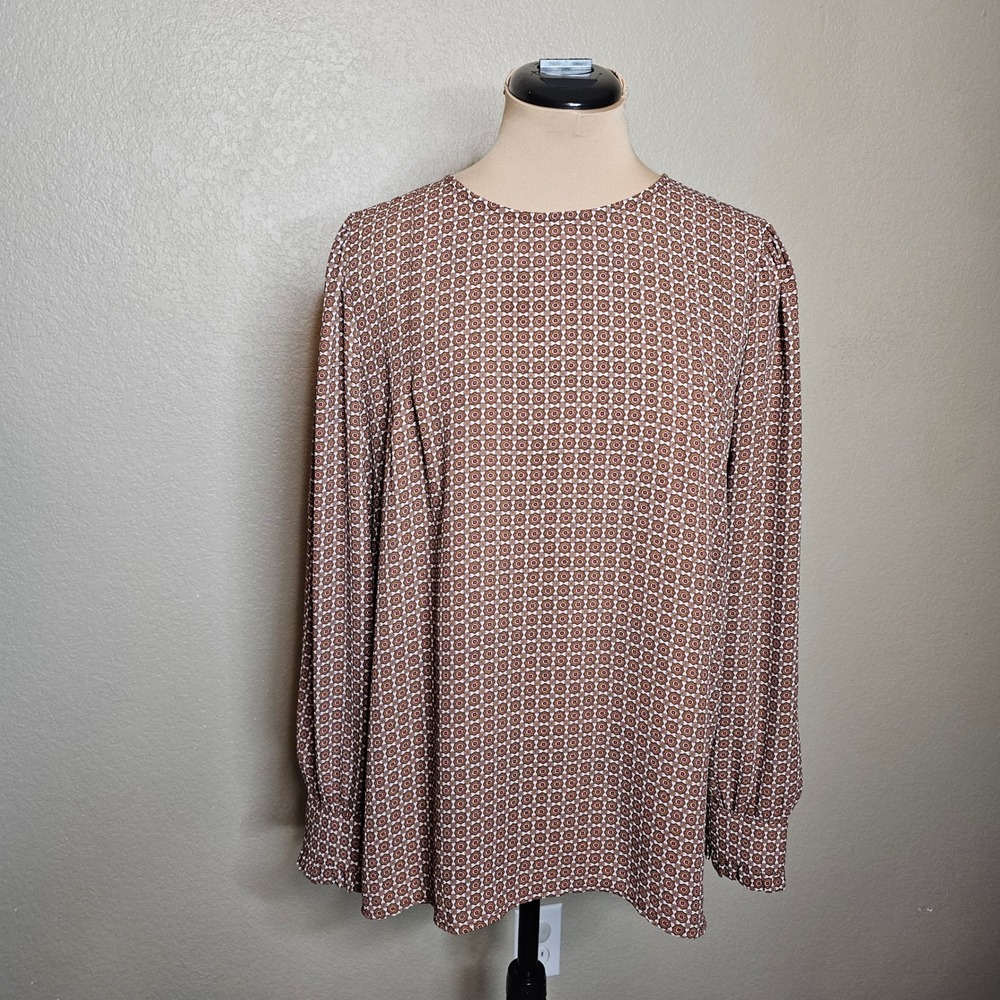 LOFT Womens Brown Pink Geometric Medallion Long Sleeve Blouse Top Medium M